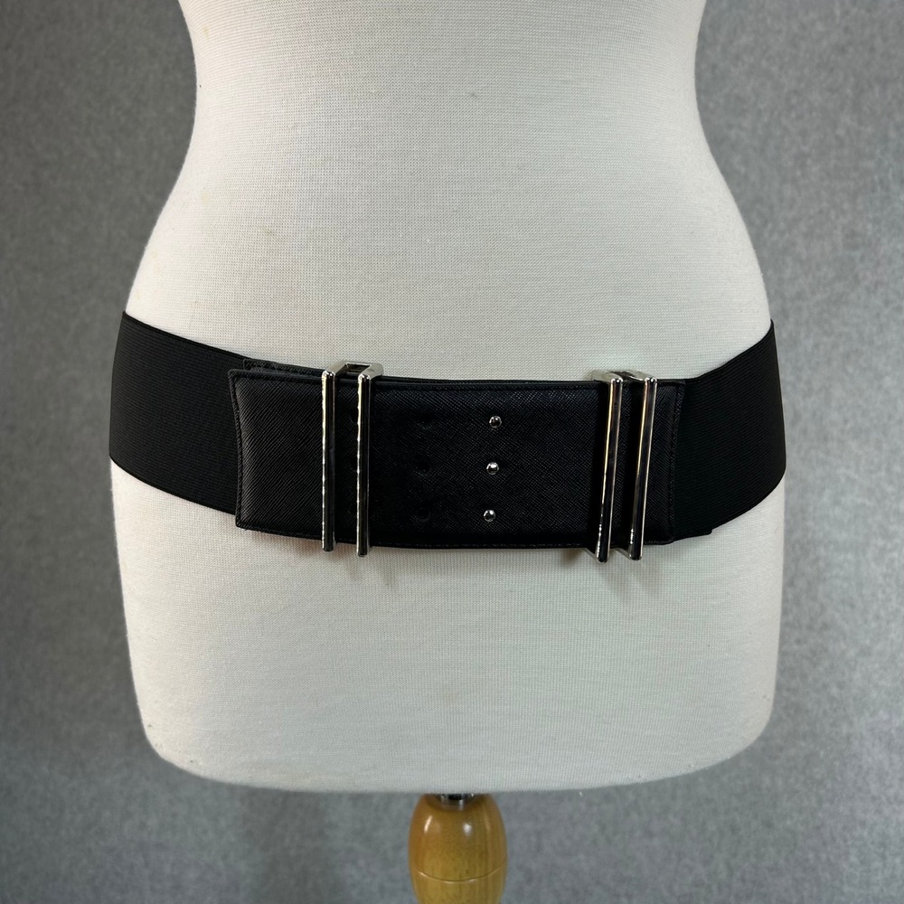 WCM New York Womens‎ Black Wide Belt Elastic Silver Buckle Statement Size L / XL